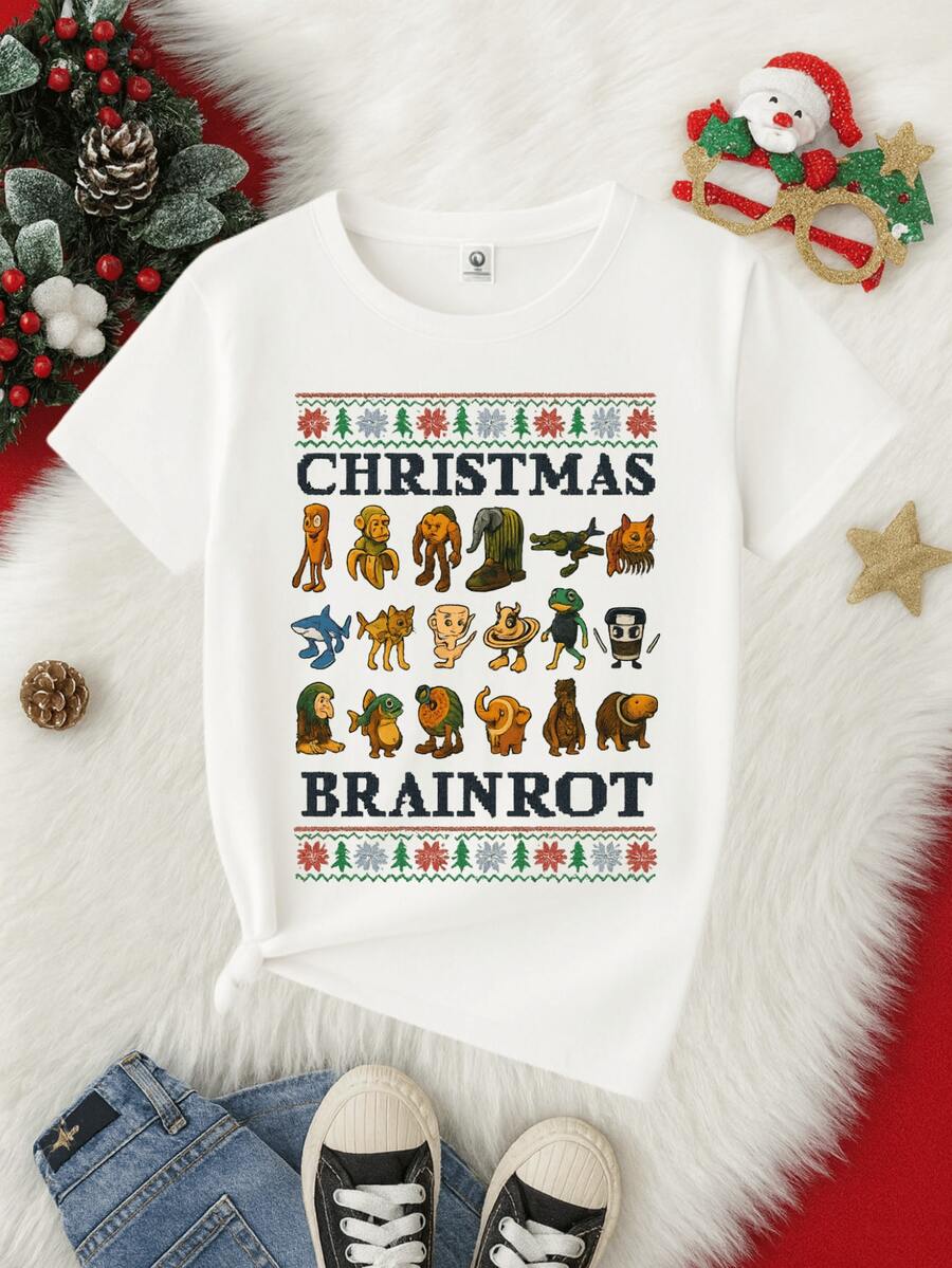 Camiseta para niños de 3 a 12 años de 100% algodón, cuello redondo y manga corta suave y Cómoda con diseño Divertido de Brainrot Navideño ideal para regalar en época de Navidad Diciembre Otoño Invierno - Blanco - Ver 1