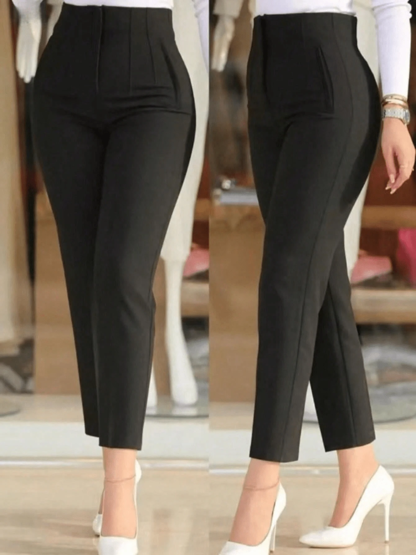 Pantalon de pinzas para mujer con tejido ligeramente elástico y diseño de cintura alta - Negro - Ver 1