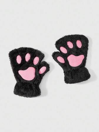 Kawaii Cute Cartoon Cat Paw Embroidered Fingerless Gloves, Warm Plush Half Finger Gloves For Cosplay, Casual Outdoor Use In Autumn/Winter