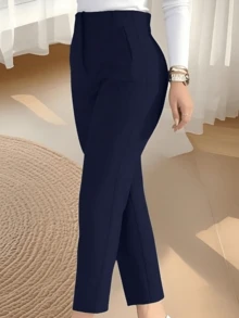 Pantalon de pinzas para mujer con tejido ligeramente elástico y diseño de cintura alta - Azul Marino - Ver 2