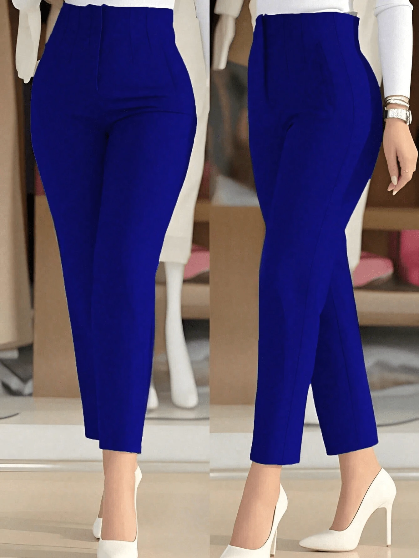 Pantalon de pinzas para mujer con tejido ligeramente elástico y diseño de cintura alta - azul real - Ver 1