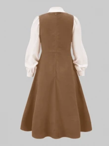 Elegant Woven Long Sleeve Collared Blouse + Casual Woven Sleeveless Midi Dress, For Teenage Girls - Khaki - View 2