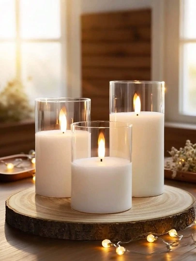 1/3Pcs LED Electronic Candle Light Set With Remote Control Timer, Outdoor Electric Pillar Candles, Battery Powered Candle Lights, Realistic Flame Electronic Pillar Candles, Warm Flame, Birthday Wedding Props, Suitable For Lanterns, Yard, Christmas, Home Decor, Easter, Graduation, Valentine's Day