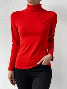 Playera camiseta cuello de tortuga dama mujer manga larga básico liso look casual cómodo versátil elegante femenino minimalista práctico moda atemporal combinación fácil - Rojo - Ver 3