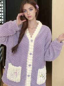 Conjunto de Pijamas de Mujer de Pelo de Coral Rosa con Diseño Cartoon, Pijamas Mujeres, Pijamas de Mujer, Regalo de Navidad - Morado - Ver 5