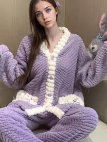 Conjunto de Pijamas de Mujer de Pelo de Coral Rosa con Diseño Cartoon, Pijamas Mujeres, Pijamas de Mujer, Regalo de Navidad - Morado - Ver 3