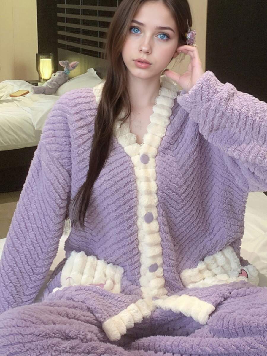 Conjunto de Pijamas de Mujer de Pelo de Coral Rosa con Diseño Cartoon, Pijamas Mujeres, Pijamas de Mujer, Regalo de Navidad