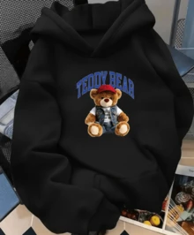 Sudadera mujer estilo casual lindo estampado oso tejido grueso corte holgado capucha manga larga otoño invierno uso diario - Negro - Ver 1