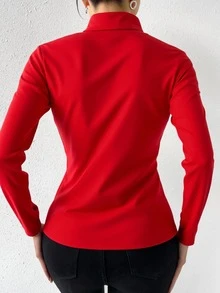 Playera camiseta cuello de tortuga dama mujer manga larga básico liso look casual cómodo versátil elegante femenino minimalista práctico moda atemporal combinación fácil - Rojo - Ver 2