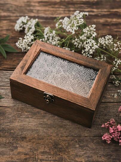 1个复古木质收纳盒，家用防尘翻盖首饰盒，桌面贵重物品整理盒，带锁木质收纳盒，家居装饰收纳盒