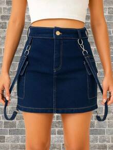 Women Denim Skirts - Navy Blue - View 4