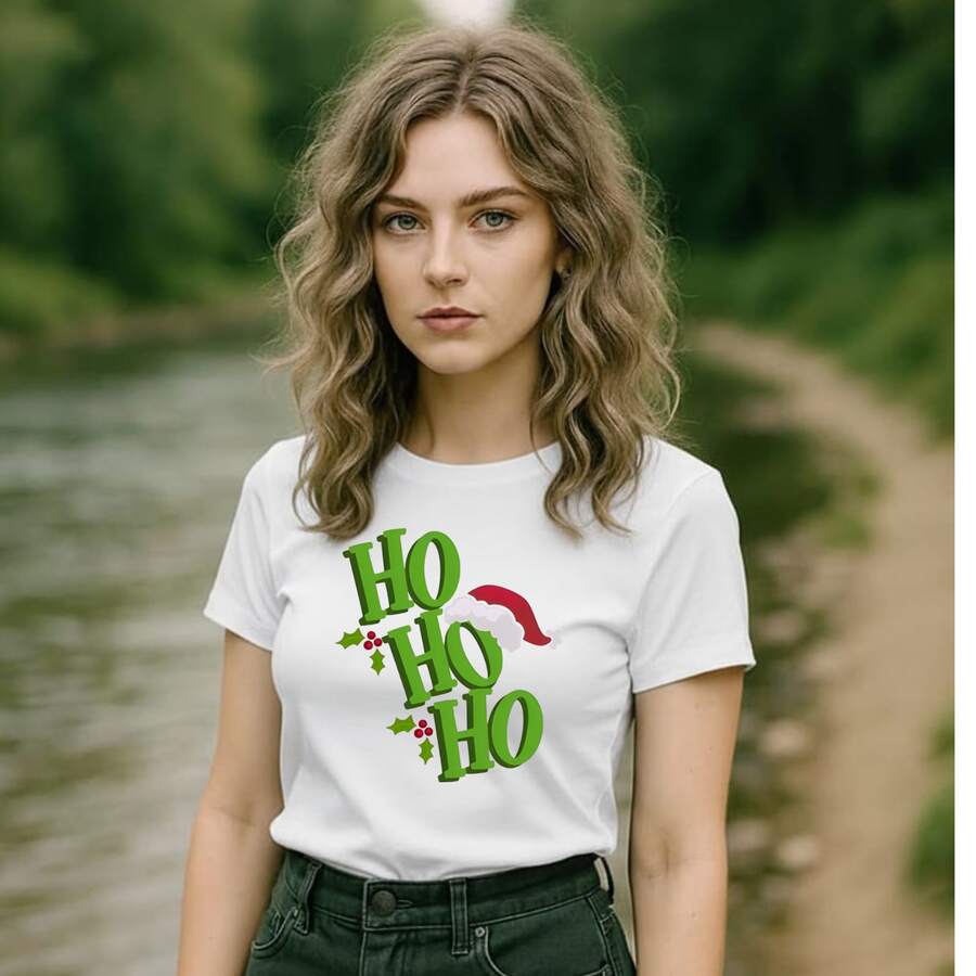 PLAYERA DE DAMA CON DISEÑO GRAFICO HOHOHO! IDEAL PARA OTOÑO, INVIERNO, NAVIDAD, FIESTAS CHRISTMAS, HOHOHO! - BLANCA - Ver 1