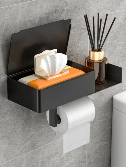 1 pieza Soporte de papel higiénico negro simple montado en la pared, soporte multifunción de acero inoxidable para teléfono celular para baño, decoración de otoño