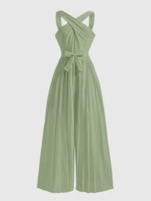 Tween Girls' Round Neck Sleeveless Waist Splicing Pleated Elegant Party Jumpsuit - Mint Green - View 5