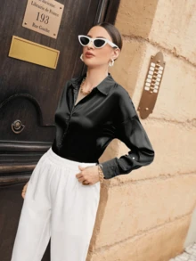 Blusa elegante de hombro caído de unicolor para mujer, tops de manga larga para primavera y otoño - Negro - Ver 3