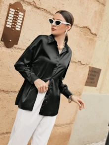 Blusa elegante de hombro caído de unicolor para mujer, tops de manga larga para primavera y otoño - Negro - Ver 4