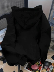 Sudadera mujer estilo artístico casual estampado floral tejido grueso corte holgado capucha manga larga otoño invierno uso diario - Negro - Ver 2