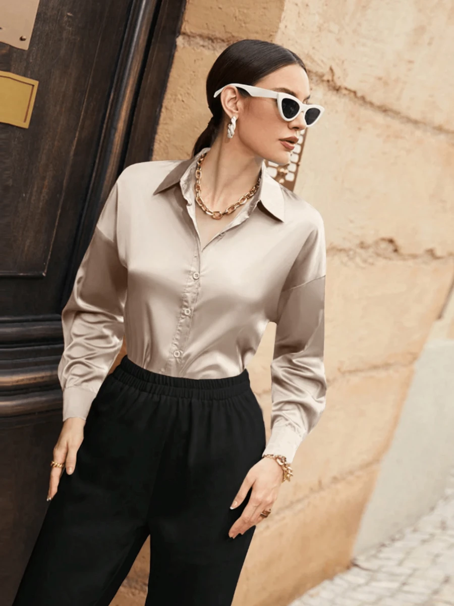 Blusa elegante de hombro caído de unicolor para mujer, tops de manga larga para primavera y otoño - Óxido marrón - Ver 1
