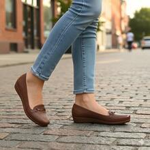 MODELO ALONDRA  Para Dama cómodos textura tejida punta redonda sin cordones estilo clásico para oficina y diario, material pvc - Café integral - Ver 3