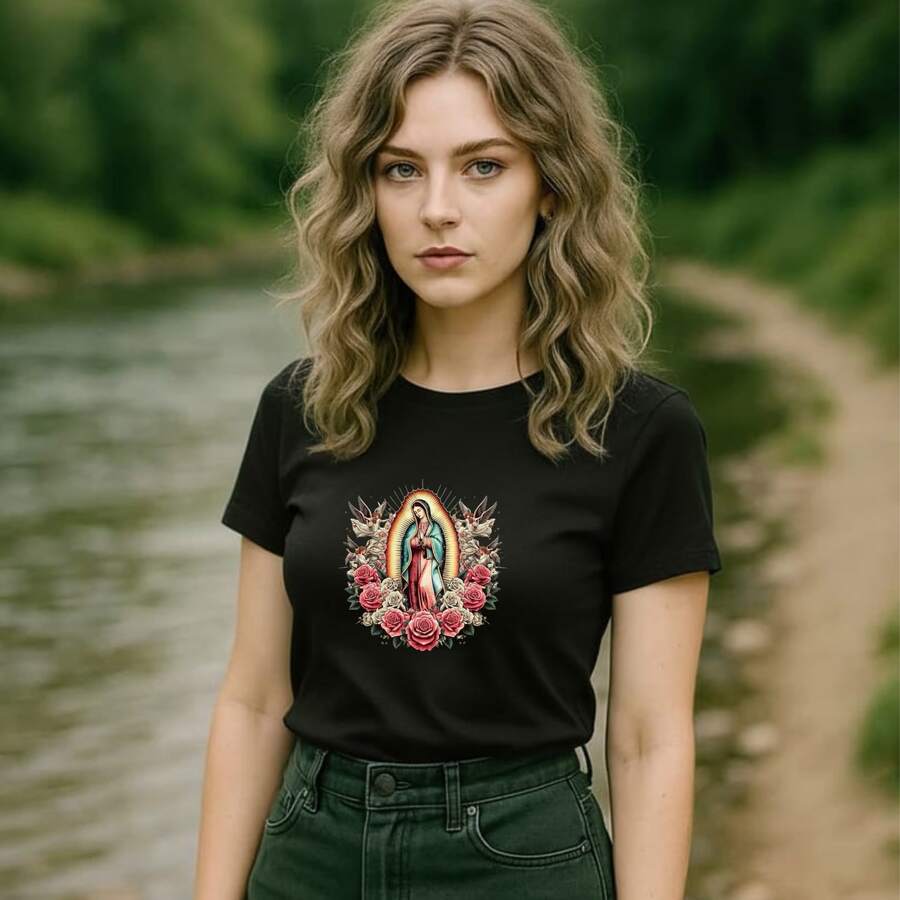 PLAYERA DE DAMA CON DISEÑO GRAFICO DE VIRGEN DE GUADALUPE CON ROSAS EN LA PARTE POSTERIOR , PERFECTA PARA CITA, CASA, DIARIO, OFICINA, GRAN CALIDAD - negro - Ver 1