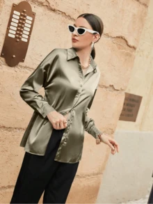 Blusa elegante de hombro caído de unicolor para mujer, tops de manga larga para primavera y otoño - Verde militar - Ver 3