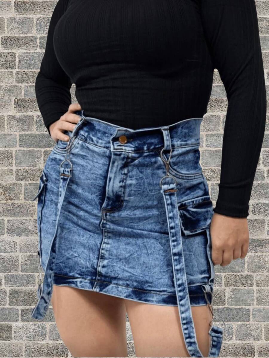 Women Denim Skirts - Azul Jaspeado - 查看 1