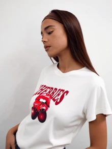 Playera Mujer Casual Moda Estampado Gráfico Cerezas Tela Suave Ajustado Cuello Redondo Manga Corta Primavera Verano Diario Tshirt - Blanco - Ver 2