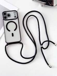 奢华斜挎项链挂绳电镀透明手机壳，兼容 17 Air 16 E 16 15 14 13 12 Pro Max 11，亮面磁吸无线充电保护套 - 黑色 - 查看 16