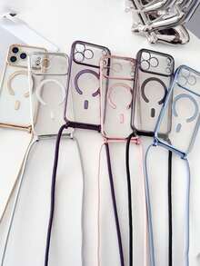 奢华斜挎项链挂绳电镀透明手机壳，兼容 17 Air 16 E 16 15 14 13 12 Pro Max 11，亮面磁吸无线充电保护套 - 黑色 - 查看 1