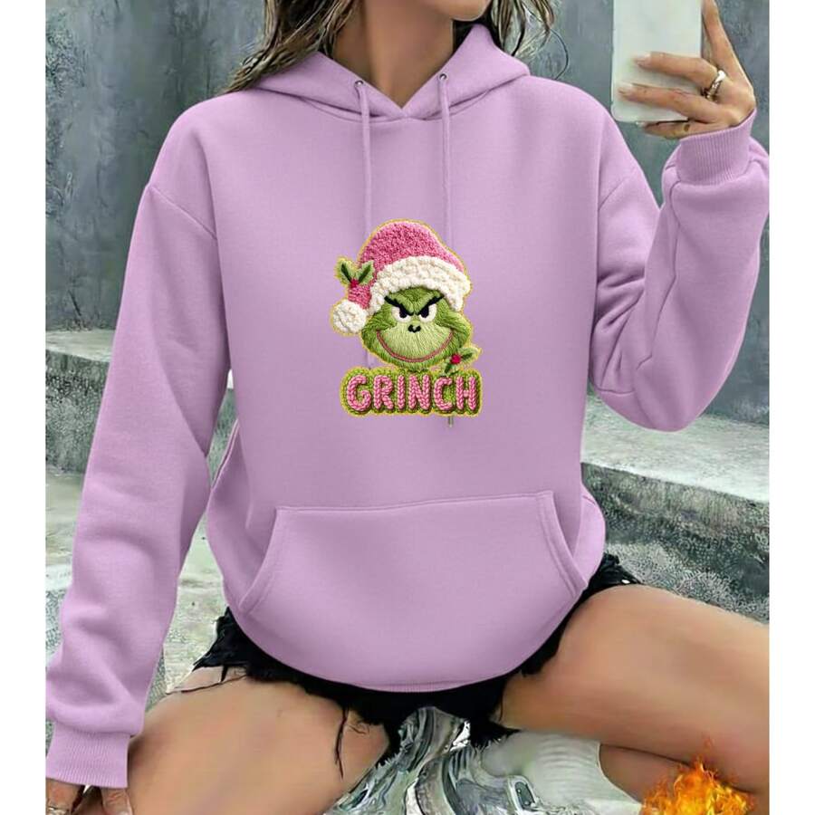 Sudadera Y2K Rosa Pastel con Capucha y Gráfico Bordado de El Grinchh | Jersey Cálido de Manga Larga, Prenda Streetwear Otoño/Invierno - lila - Ver 1