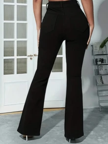 Jeans Acampanados de Tiro Alto para Mujer - Pantalones de Campana de Denim Elástico  Elegante con Diseño Clásico de Cinco Bolsillos, Tejido de Poliéster Cómodo para Uso Diario - Negro - Ver 2