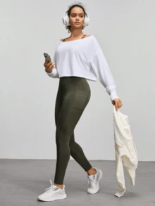 Pantalones cortos deportivos de cintura alta con bolsillos, ajustados y de corte slim para mujer - Verde - Ver 3