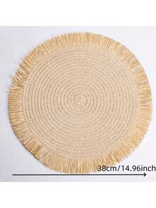 SHEIN 1 件/4 件/6 件/8 件卡其色/米色圆形编织藤条双色流苏餐垫，耐热防滑厨房餐桌垫，隔热垫，派对晚宴餐桌装饰