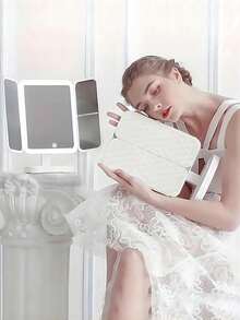 1Pc Three-Fold LED Makeup Mirror, Folding Vanity Mirror With Stand & 3 Color Lighting, Lighted Mirror With Touch Screen Dimming For Cosmetic, Women Gift (White/Pink)