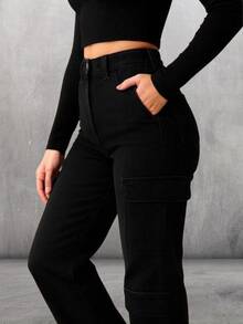 Pantalón de Mezclilla de Cargo.  Cómodo y Versátil.  Mezclilla Elástica. - Negro - Ver 3