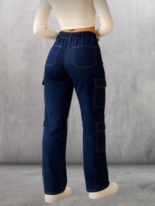 Pantalón de Mezclilla de Cargo.  Cómodo y Versátil.  Mezclilla Elástica. - Azul Marino - Ver 2