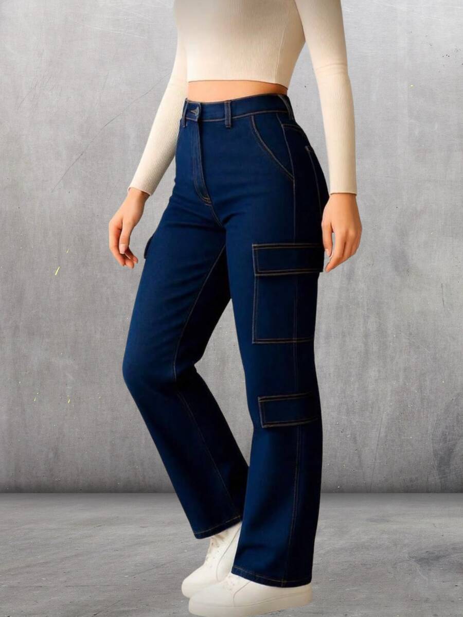 Pantalón de Mezclilla de Cargo.  Cómodo y Versátil.  Mezclilla Elástica. - Azul Marino - Ver 1