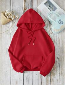 Sudadera con capucha y forro térmico para mujer, color liso, con bolsillo tipo canguro, manga larga - Rojo - Ver 1