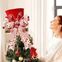 1 Piece Christmas Tree Decoration Hat, Christmas Candy Tree Topper Decoration, Equipped With Red Hat And Mint Bow - Holiday Home Decoration, No Power Supply Required, Polyester Material, Ideal For Christmas Tree Topper (Christmas Tree Not Included) - Multicolor - View 2
