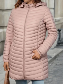 Mujer abrigo casual acolchado largo con diseño ligero tela impermeable color sólido ajuste amplio cuello alto manga larga otoño/invierno uso diario y oficina chaqueta - Rosa - Ver 3