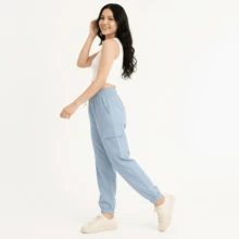 Pantalón jogger mujer estilo casual moderno diseño bolsillo tela suave elasticidad media cintura elástica holgado largo primavera verano diario pantalón - Azul - Ver 2