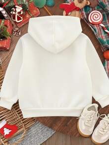 Sudadera de manga larga con estampado de renos, de uso diario cómodo, en color blanco crema festivo, con capucha , estilo minimalista y casual, adecuado para niñas jóvenes en otoño/invierno - hueso - Ver 4