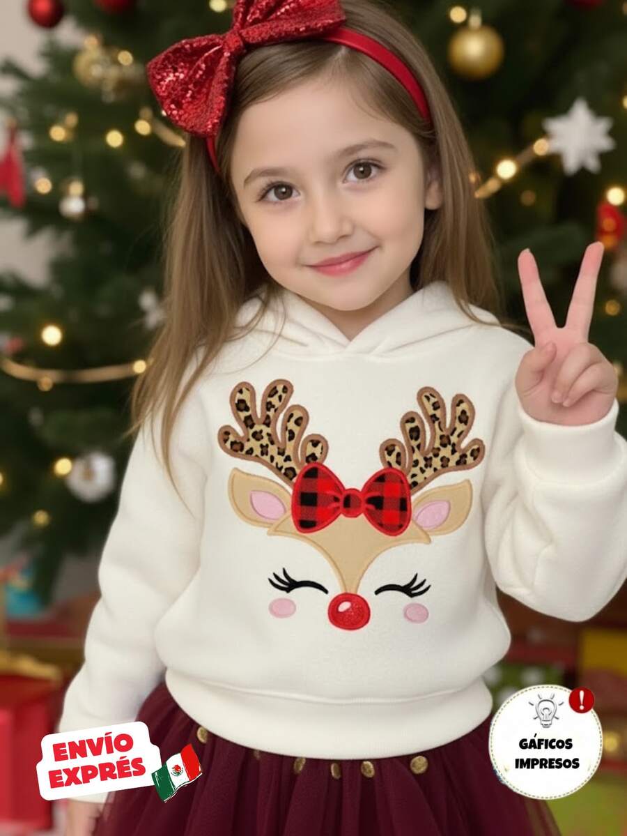 Sudadera de manga larga con estampado de renos, de uso diario cómodo, en color blanco crema festivo, con capucha , estilo minimalista y casual, adecuado para niñas jóvenes en otoño/invierno - hueso - Ver 1