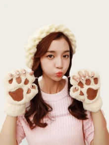 Joivida 猫爪露指手套，保暖内衬，防滑设计，适合书写打字，秋冬季圣诞节礼物，节日礼物之选，北欧风必备单品 - 彩色 - 查看 4