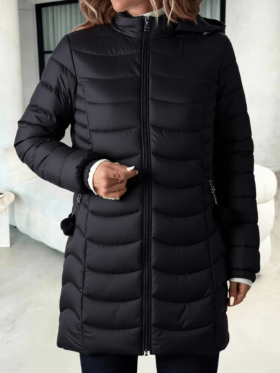 Mujer abrigo casual acolchado largo diseño ligero bolsillos con cremallera pompón ajuste holgado capucha manga larga otoño/invierno diario oficina chaqueta