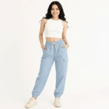 Pantalón jogger mujer estilo casual moderno diseño bolsillo tela suave elasticidad media cintura elástica holgado largo primavera verano diario pantalón - Azul - Ver 3