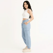 Pantalón jogger mujer estilo casual moderno diseño bolsillo tela suave elasticidad media cintura elástica holgado largo primavera verano diario pantalón - Azul - Ver 1