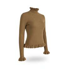 Blusa Polo de Mujer Dama | Manga Larga Cuello Alto | Tejido Elástico y Textura Acanalada | Diseño Chic con Olán en Puños y Bajo | Estilo Juvenil y Elegante | Uso Diario | Material: 50% Viscosa (Rayón), 40% Poliamida (Nailon), 10% Elastano (Licra). - Camel - Ver 3