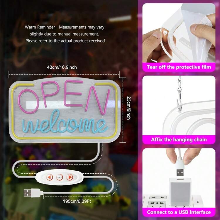 高亮LED营业中标志 - 霓虹灯，USB供电，带开关，适用于酒吧、咖啡馆、酒店和商店 - 多功能，可用于墙面、窗户、门装饰，安装简便 - 多色光 - 查看 6