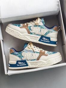 Zapatillas de monopatín para hombre, zapatillas informales, zapatillas deportivas, multicolor, estilo grafiti, comodidad en plataforma, transpirables y antideslizantes, adecuadas para fiestas, ropa de viaje, - Azul - Ver 1